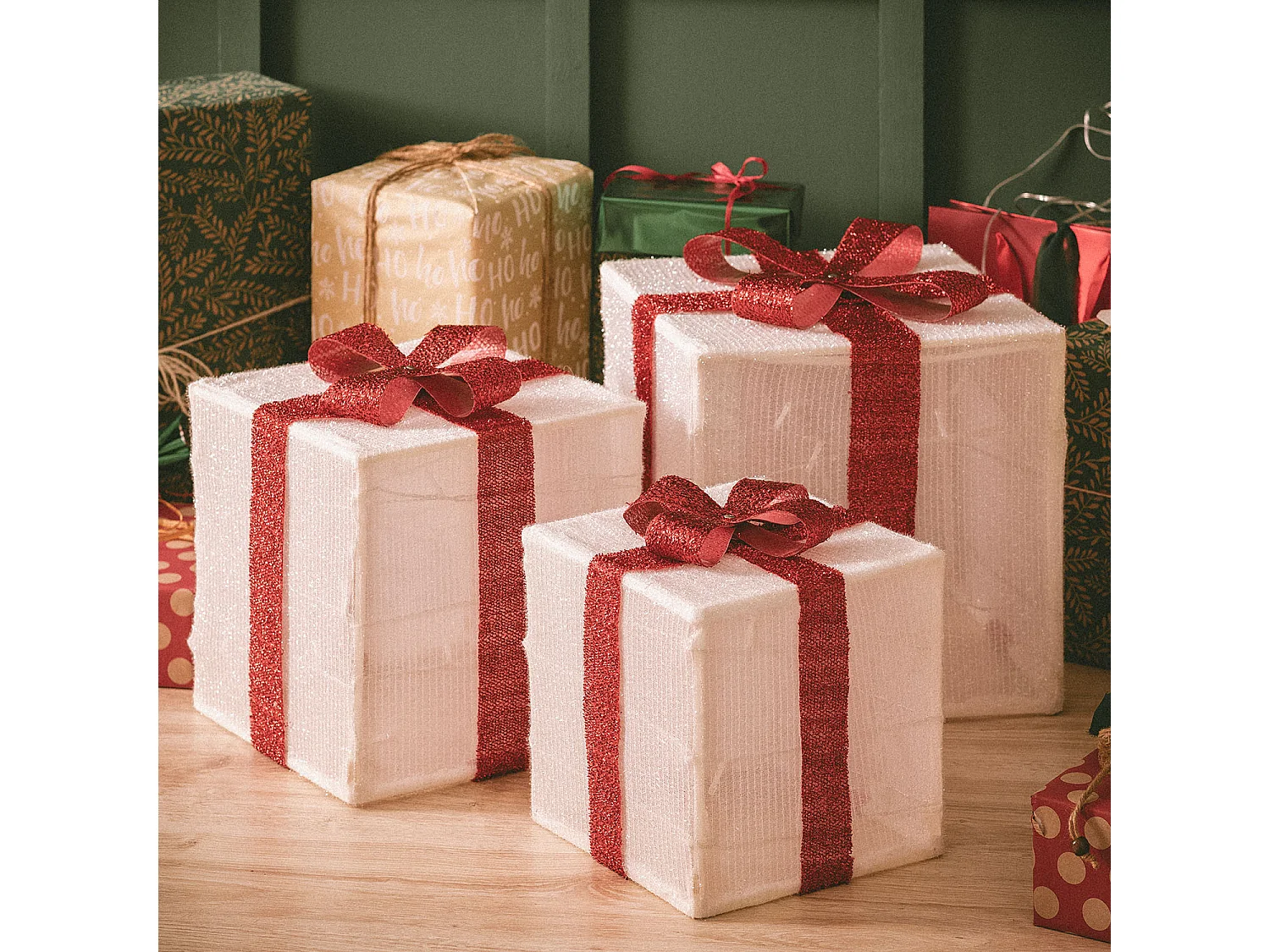 Pack de 3 Cajas Regalo de Navidad LED con Batería Noelle Blanco / Rojo