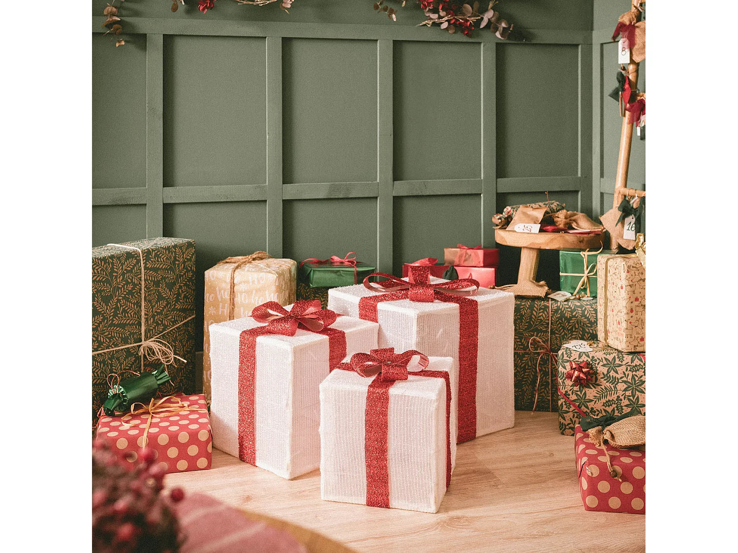 Pack de 3 Cajas Regalo de Navidad LED con Batería Noelle Blanco / Rojo