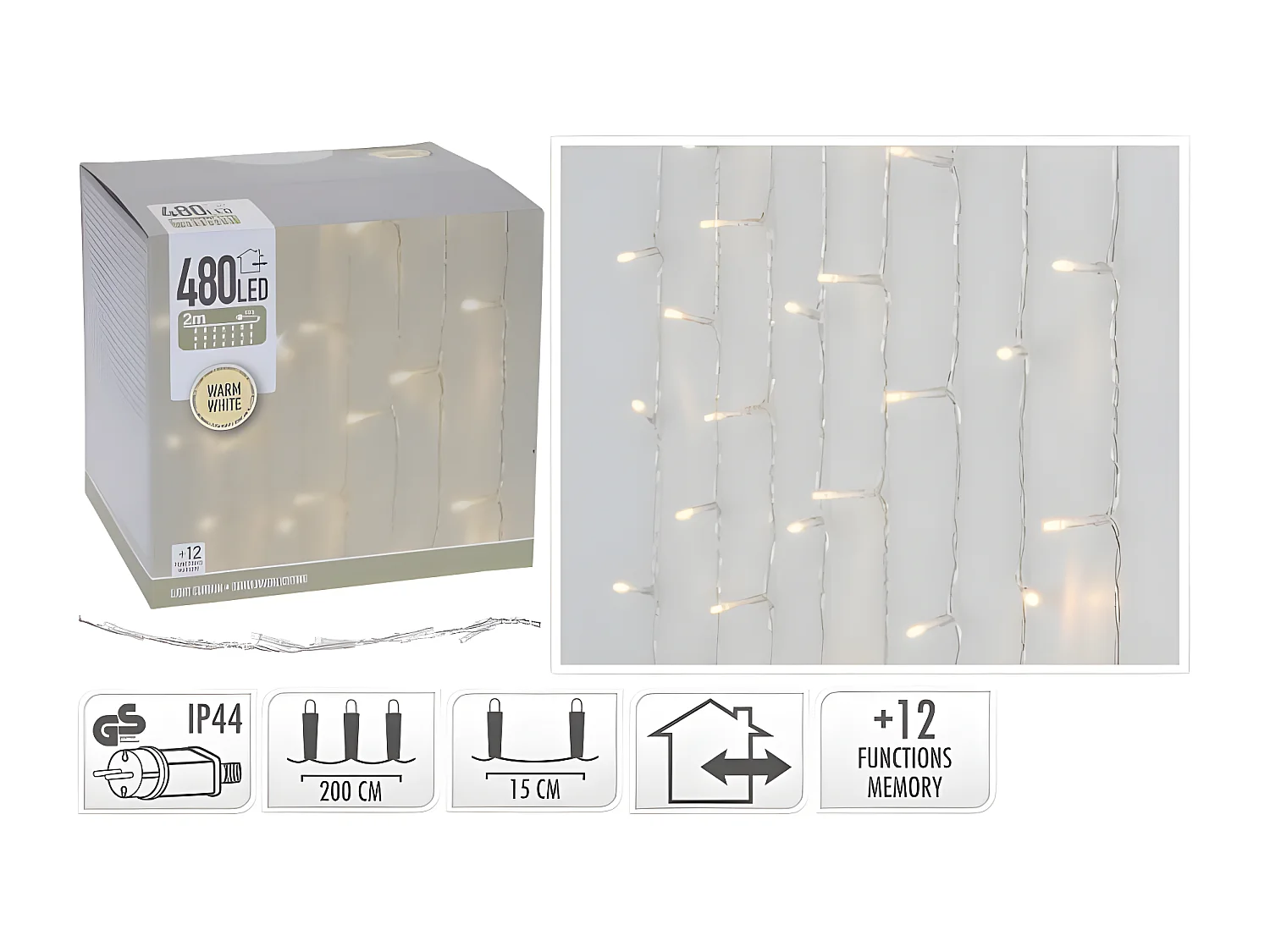 Rideau Guirlande LED Transparent Extérieur 480LEDS 2m Blanc Chaud 2700K