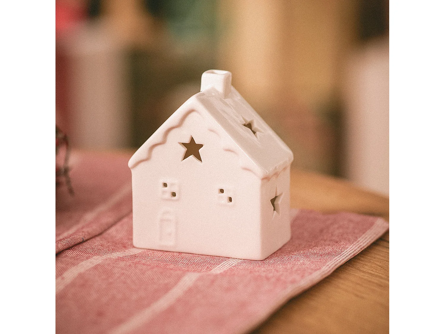 Casetta Natalizia LED Ceramica a Pile Bianca Bianco