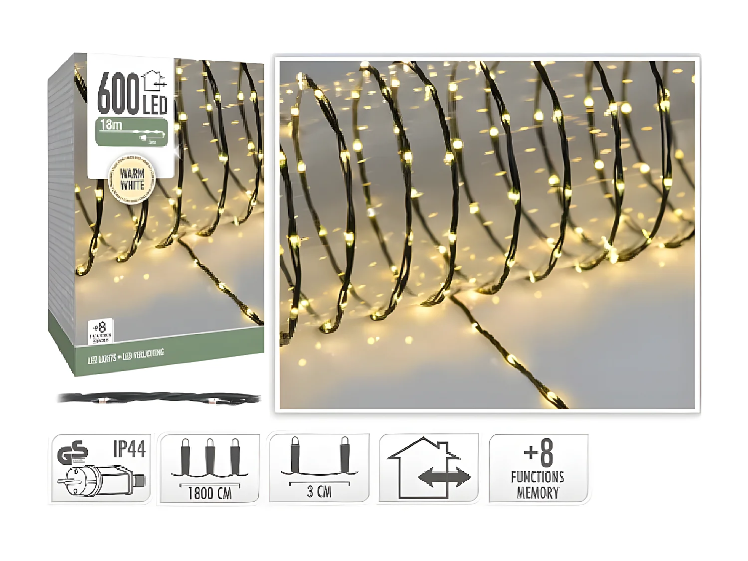 Guirlande LED Extérieure Câble Noir Blanc Chaud 18m Small Blanc Chaud 2700K