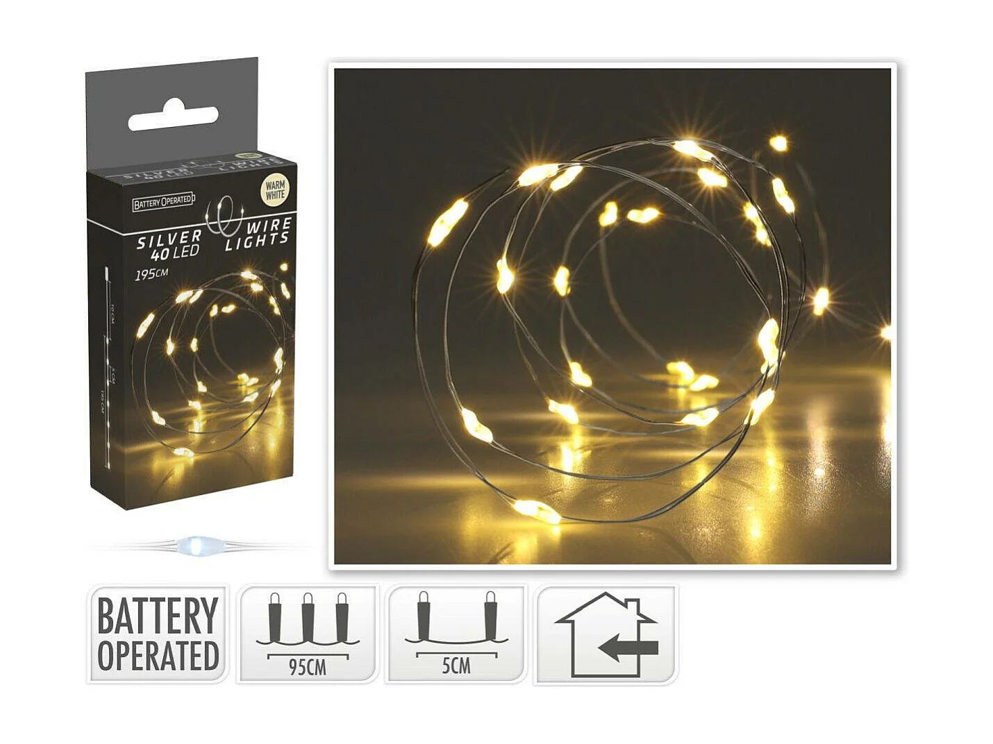 Ghirnalda in Filo Metallico LED Batteria 2m Bianco Caldo Bianco Caldo 2700K