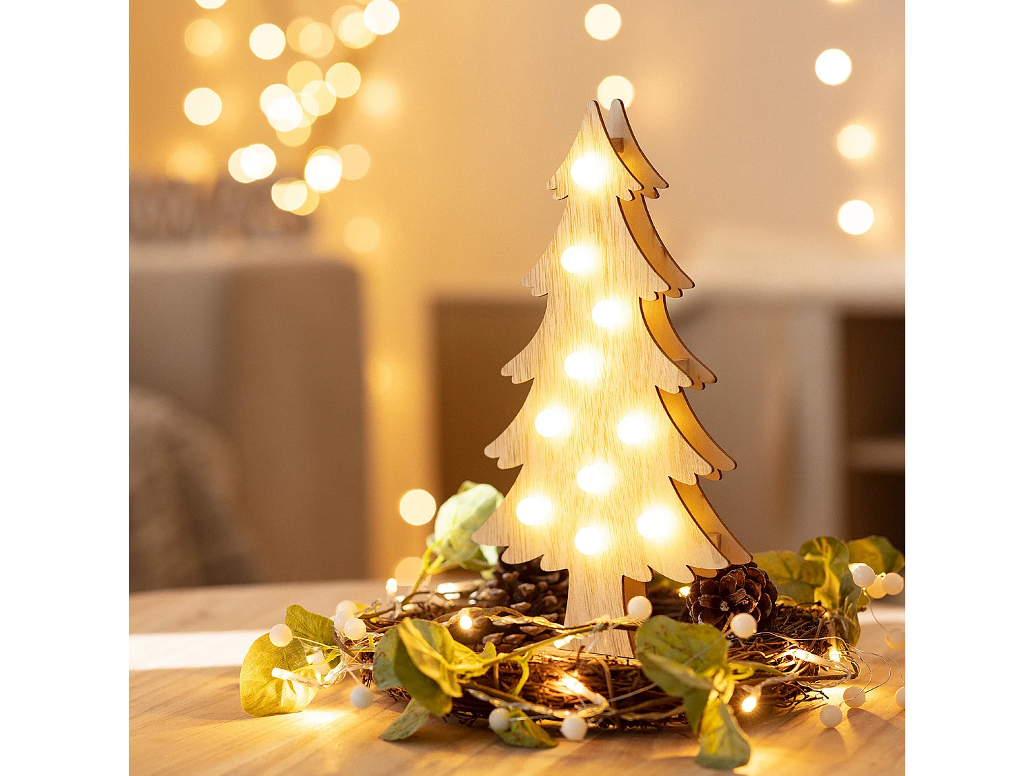 Sapin de Noël LED Wood à Piles Naturel