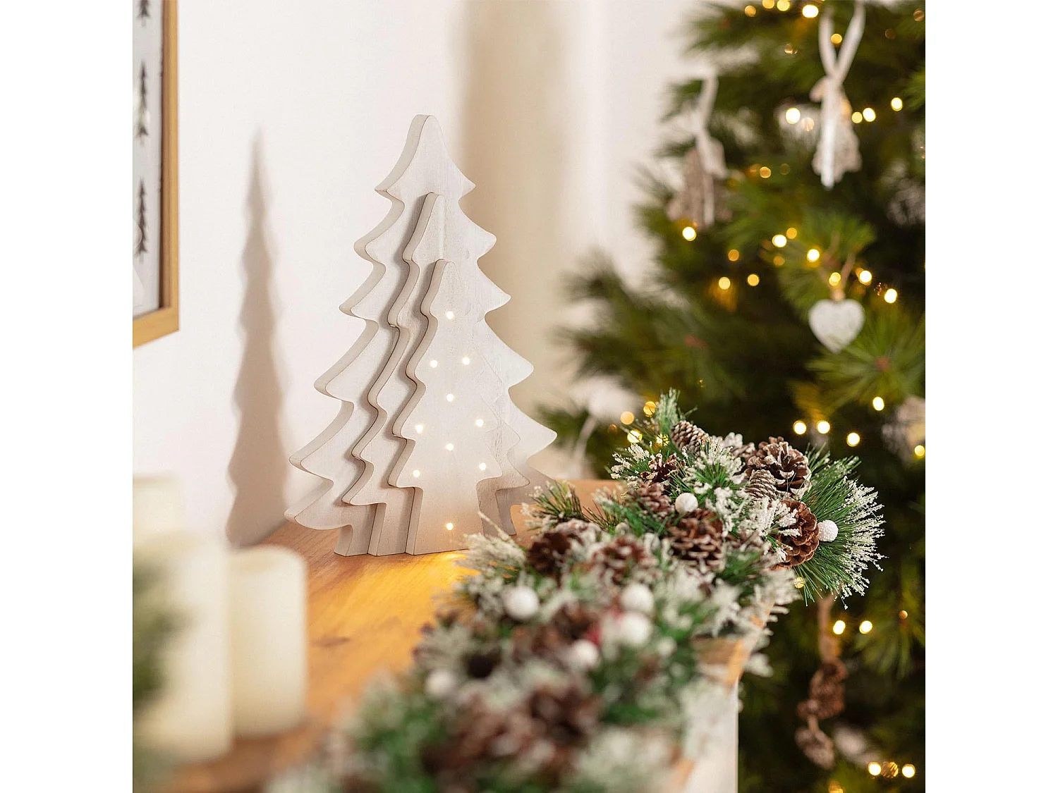 Sapin de Noël LED Bois avec Batterie Kolm Blanc