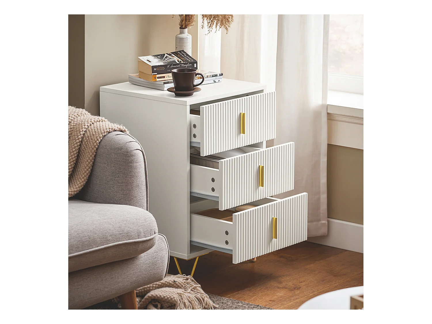 SoBuy Table de Chevet avec 3 Tiroirs Table de Nuit Bout de Canapé Table d'appoint pour Salon, Chambre, Bureau, Blanc, L40xH63xP40 cm, FBT115-L-W