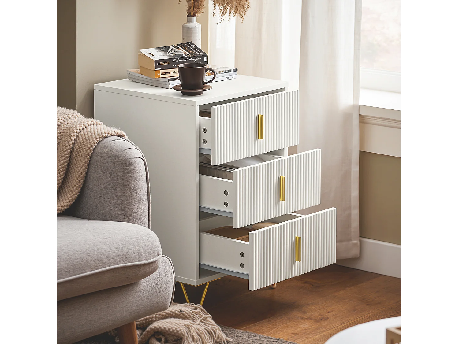 Mesita de Noche Mesa Auxiliar Mobiliario de Salón Moderno con 3 cajones 40 x 40 x 63 cm FBT115-L-W SoBuy ES