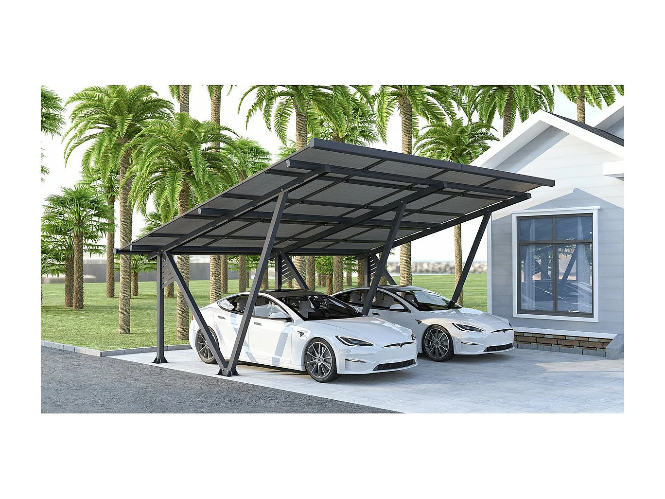 Carport solaire avec panneaux photovoltaïques - 715 x  575 x 366 cm - Gris - 8,2 kW