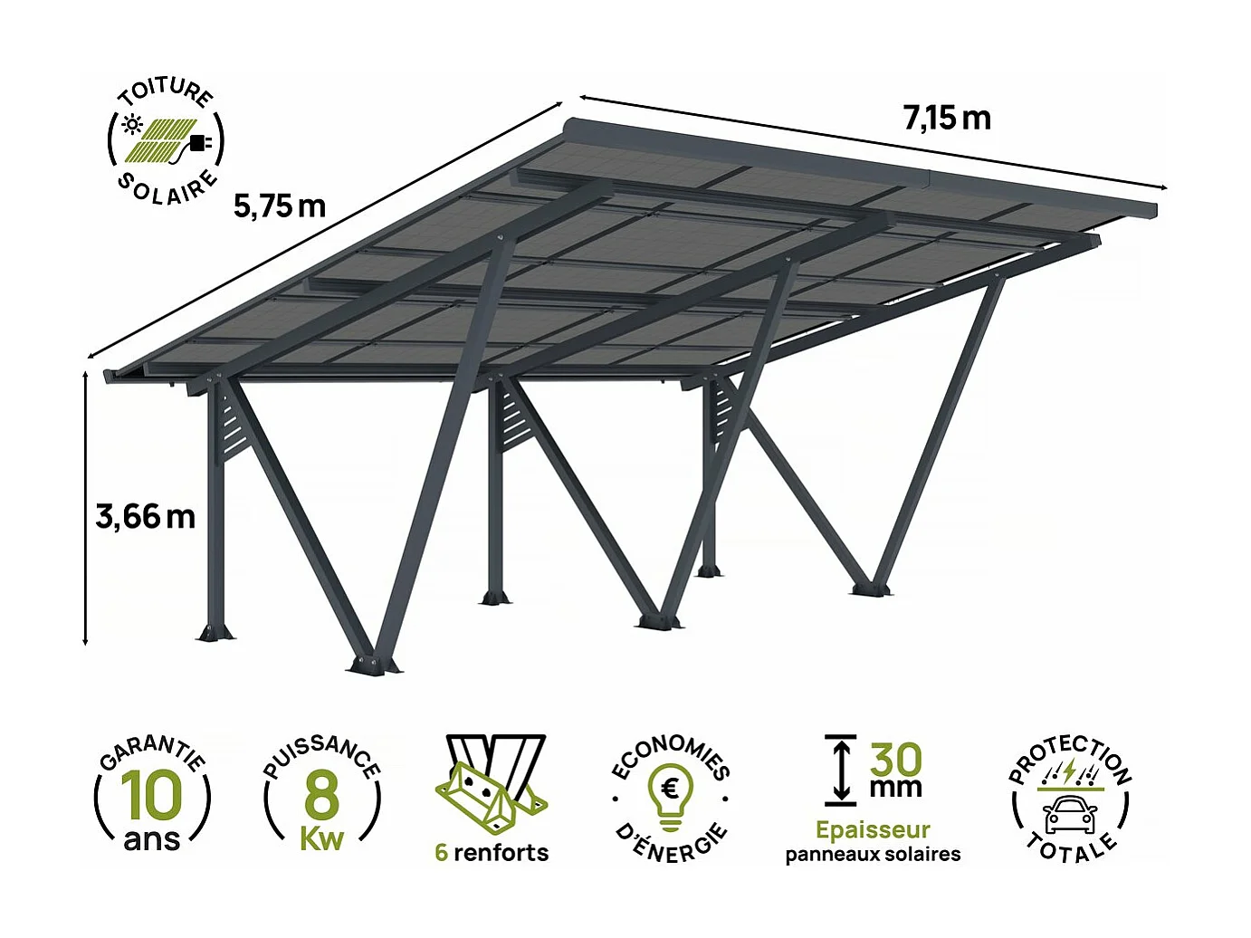 Carport solaire avec panneaux photovoltaïques - 715 x  575 x 366 cm - Gris - 8,2 kW