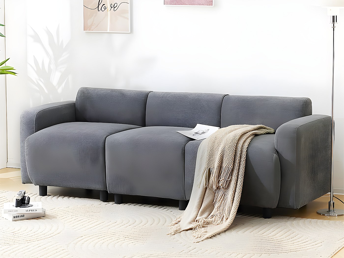 Canapé 2 Places Velours Chenille Beige - Accoudoirs Courbes, Coussins Amovibles, Dimensions 220x77x81 Cm - 5