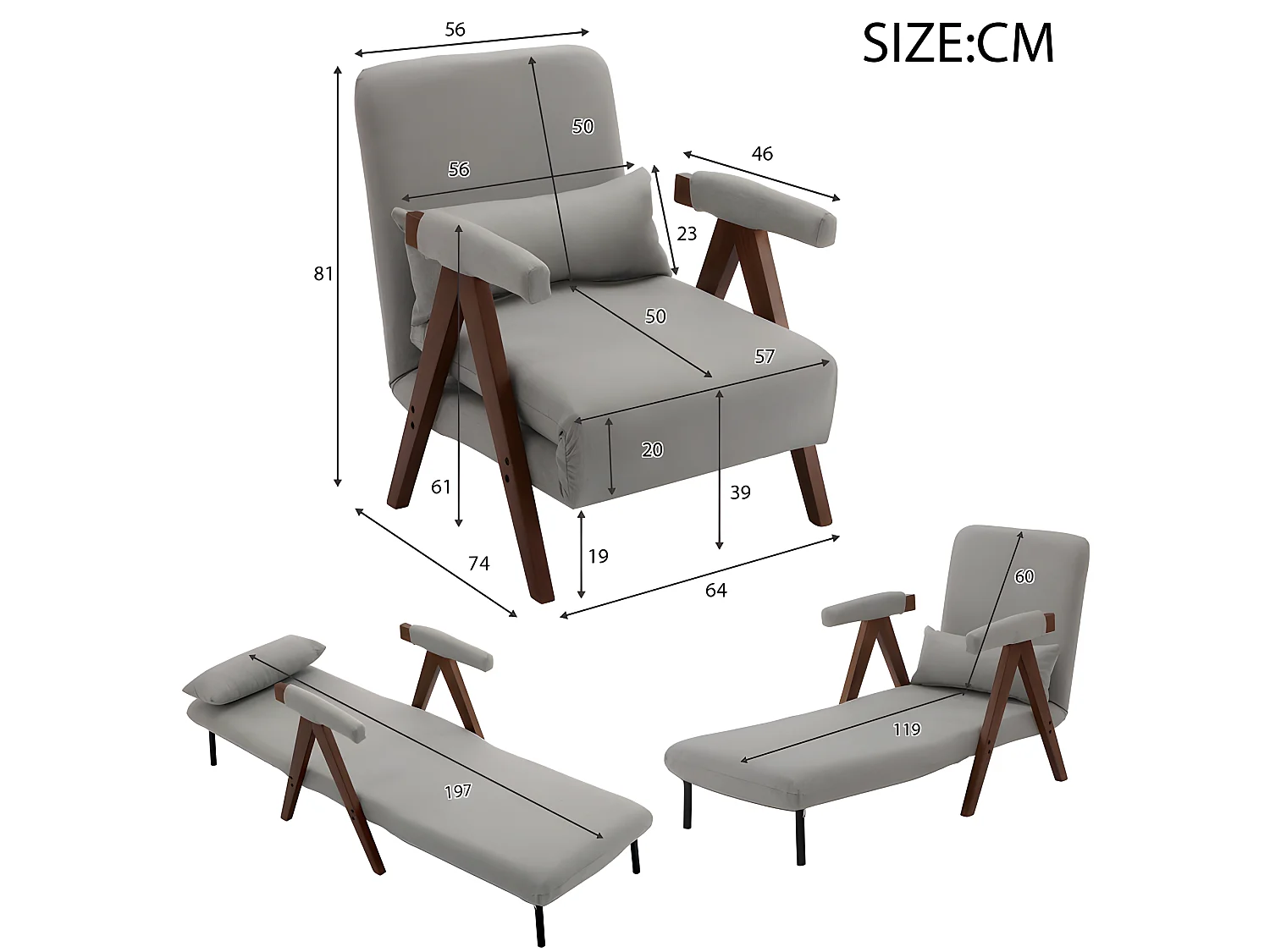 Fauteuil rembourré convertible réglable tissu en coton - Gris