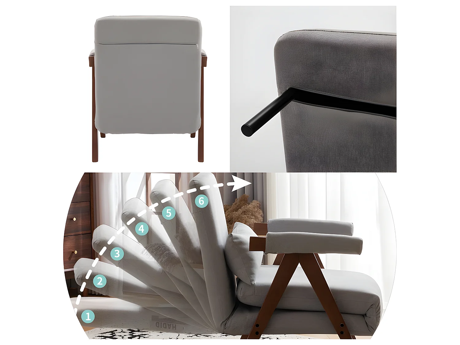 Fauteuil rembourré convertible réglable tissu en coton - Gris