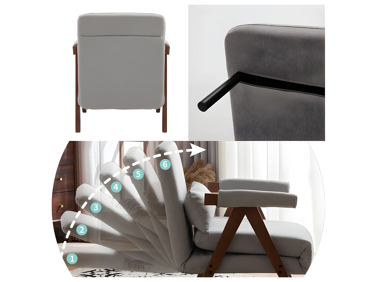 Fauteuil rembourré convertible réglable tissu en coton - Gris