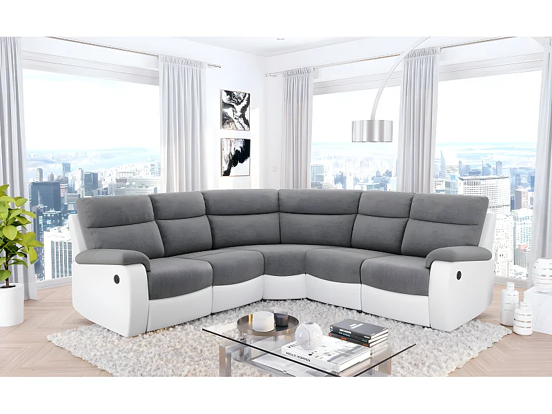 Canapé de relaxation électrique panoramique Oscar 6 places en microfibre et simili - Gris / Blanc - L238 x P238 x H99cm - Loungitude