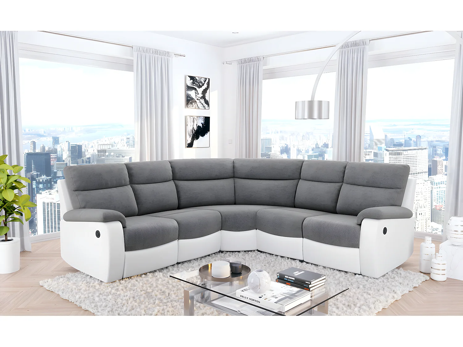 Canapé de relaxation électrique panoramique Oscar 6 places en microfibre et simili - Gris / Blanc - L238 x P238 x H99cm - Loungitude