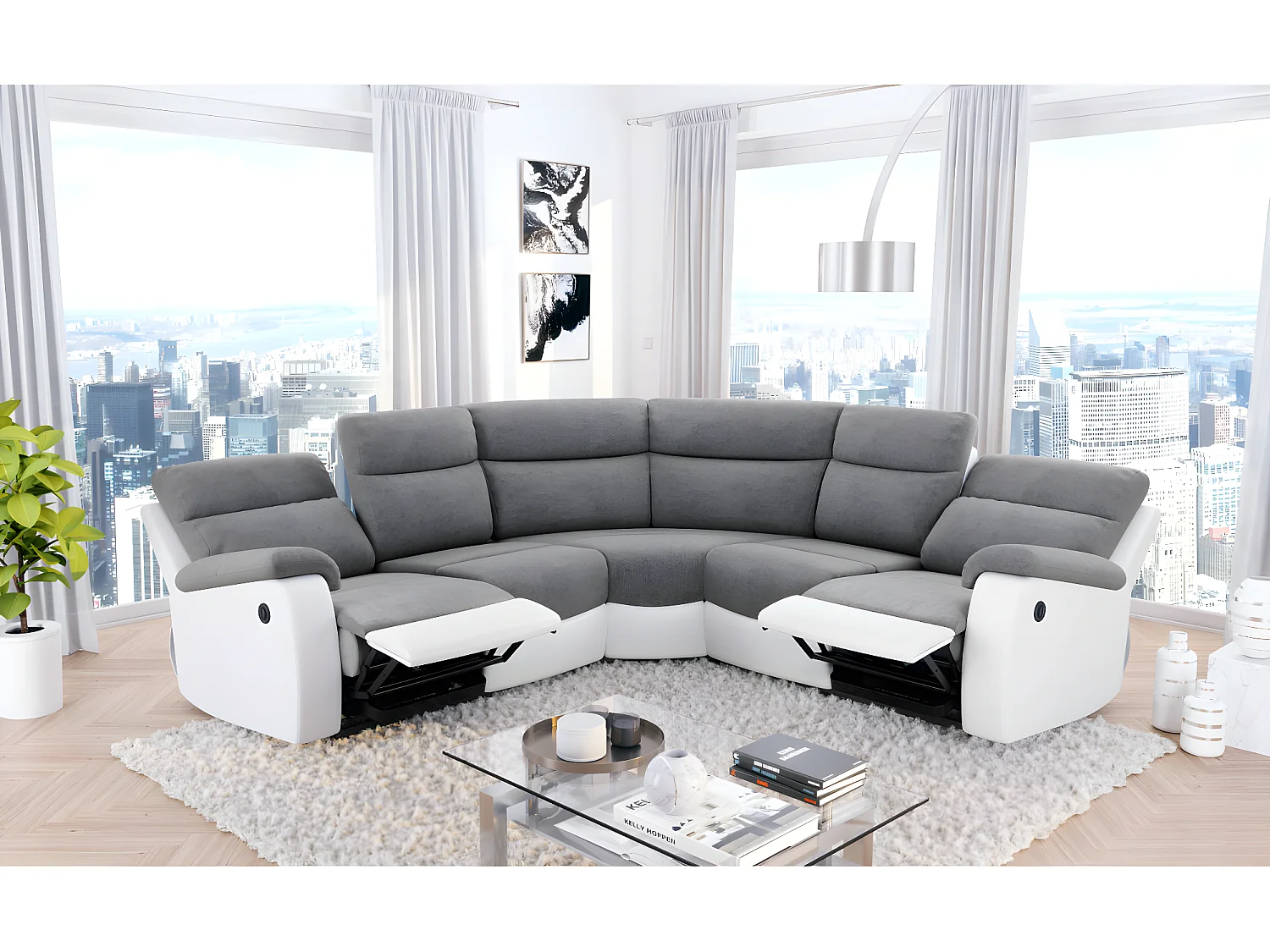 Canapé de relaxation électrique panoramique Oscar 6 places en microfibre et simili - Gris / Blanc - L238 x P238 x H99cm - Loungitude