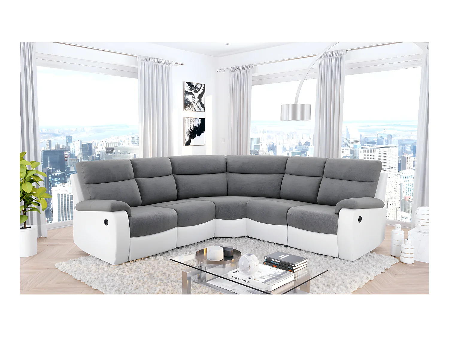 Canapé de relaxation électrique panoramique Oscar 6 places en microfibre et simili - Gris / Blanc - L238 x P238 x H99cm - Loungitude