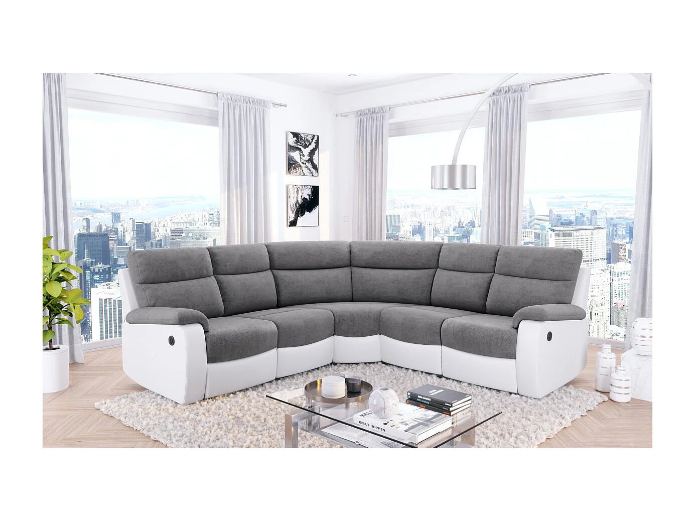 Canapé de relaxation électrique panoramique Oscar 6 places en microfibre et simili - Gris / Blanc - L238 x P238 x H99cm - Loungitude