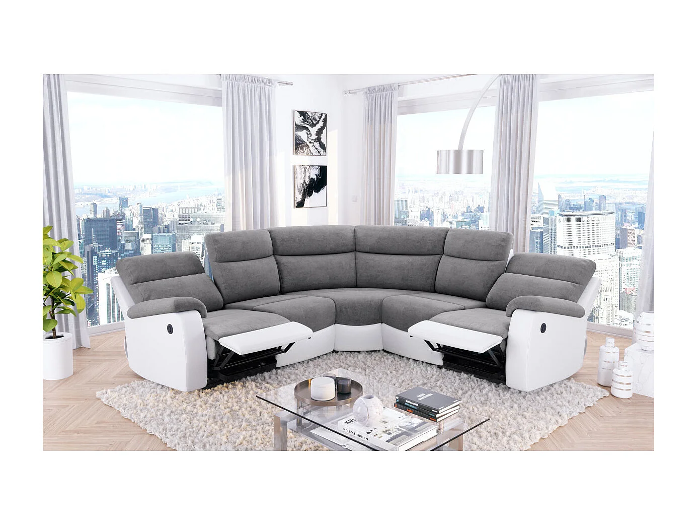 Canapé de relaxation électrique panoramique Oscar 6 places en microfibre et simili - Gris / Blanc - L238 x P238 x H99cm - Loungitude