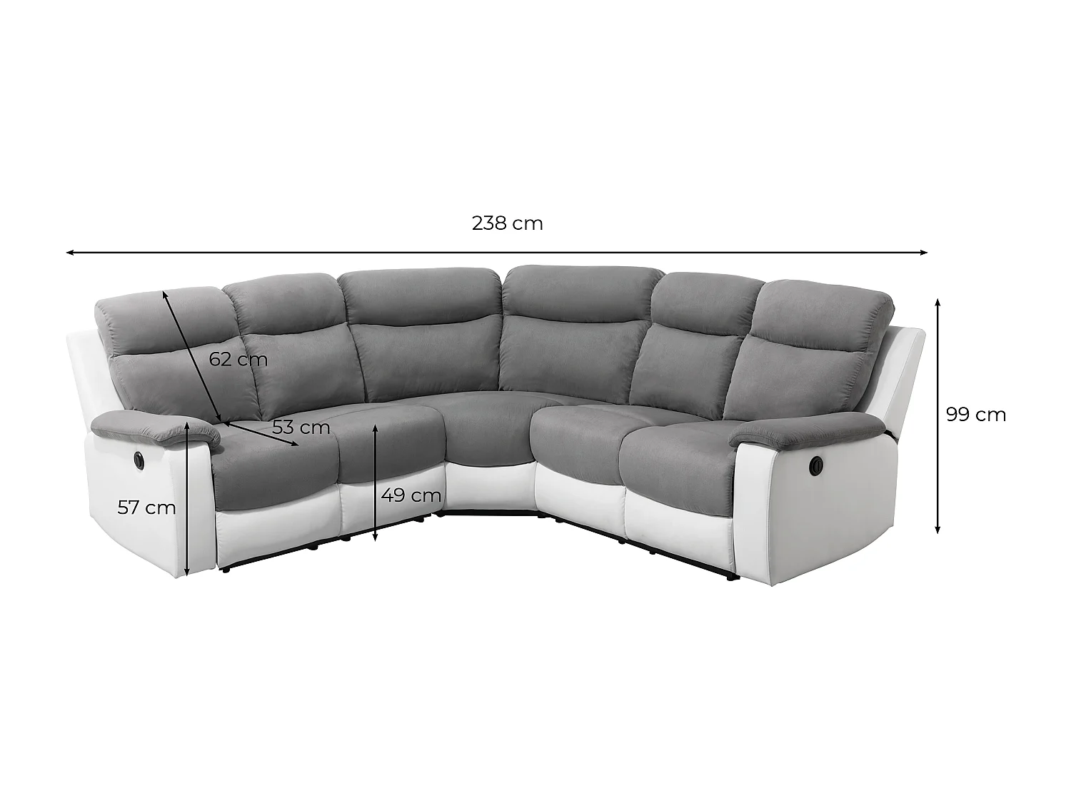 Canapé de relaxation électrique panoramique Oscar 6 places en microfibre et simili - Gris / Blanc - L238 x P238 x H99cm - Loungitude