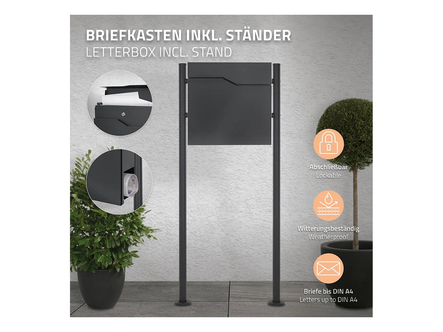 Cassetta postale con supporto in acciaio antracite con tubo per giornali