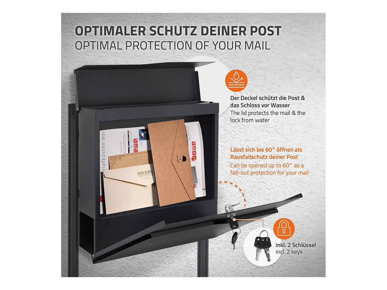 Cassetta postale con supporto in acciaio antracite con tubo per giornali