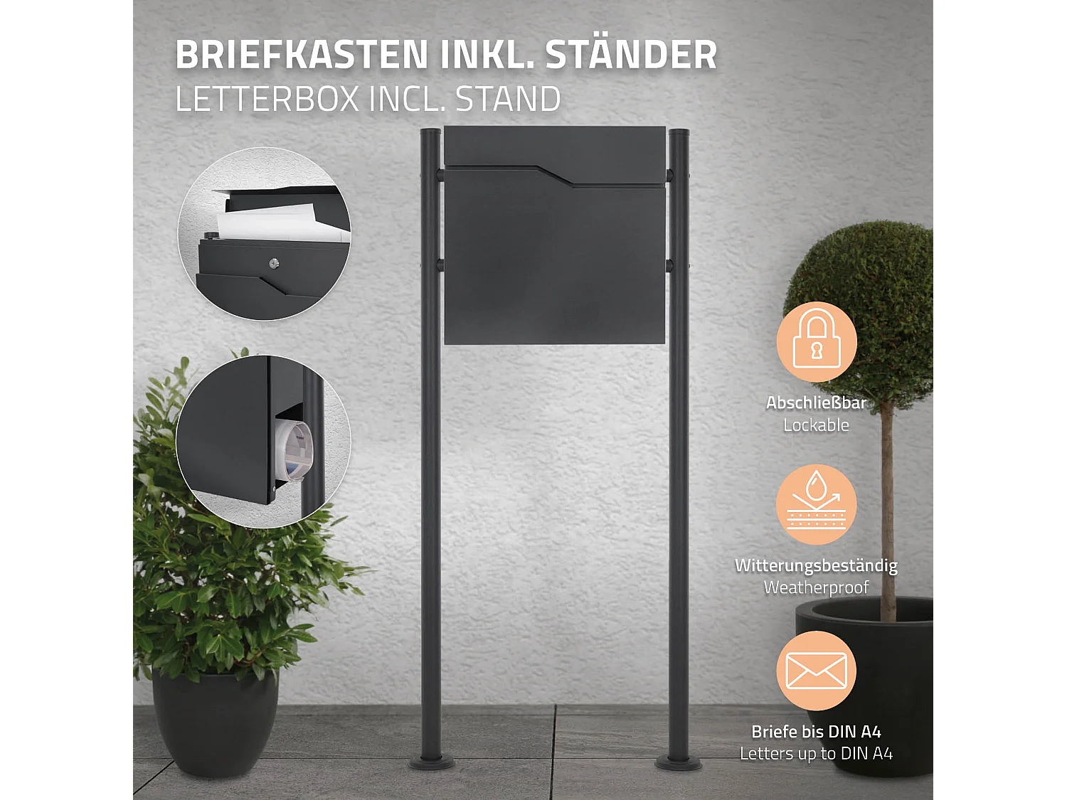 Boîte aux lettres sur pieds boîte postale 37x37x11 cm anthracite ML-Design