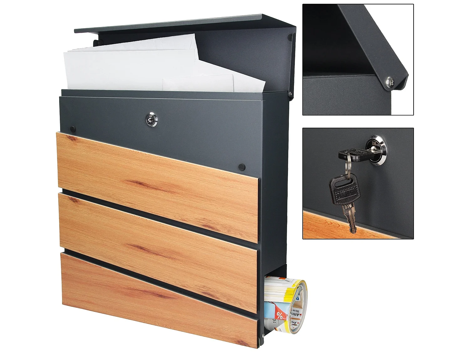 Boîte aux lettres et journaux en acier anthracite/aspect bois ML-Design