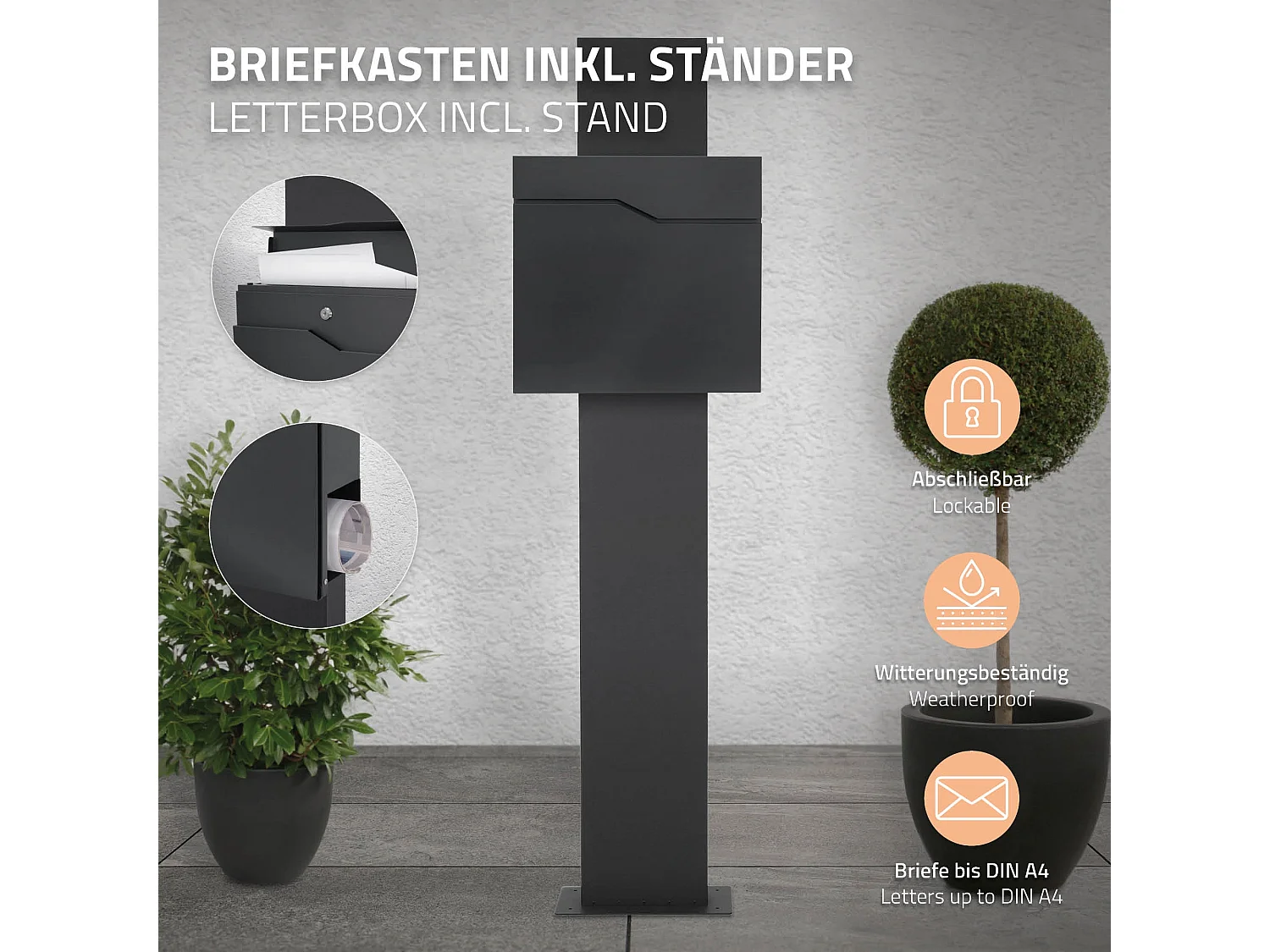 Boîte aux lettres sur pied anthracite boîte postale en acier moderne  ML-Design