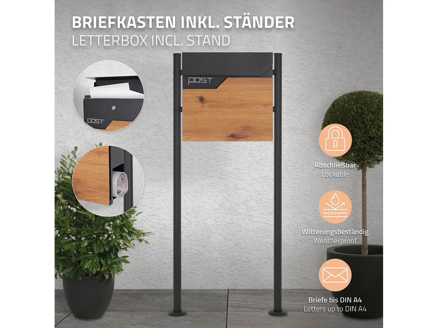 Boîte aux lettres sur pieds boîte postale anthracite imitation bois  ML-Design