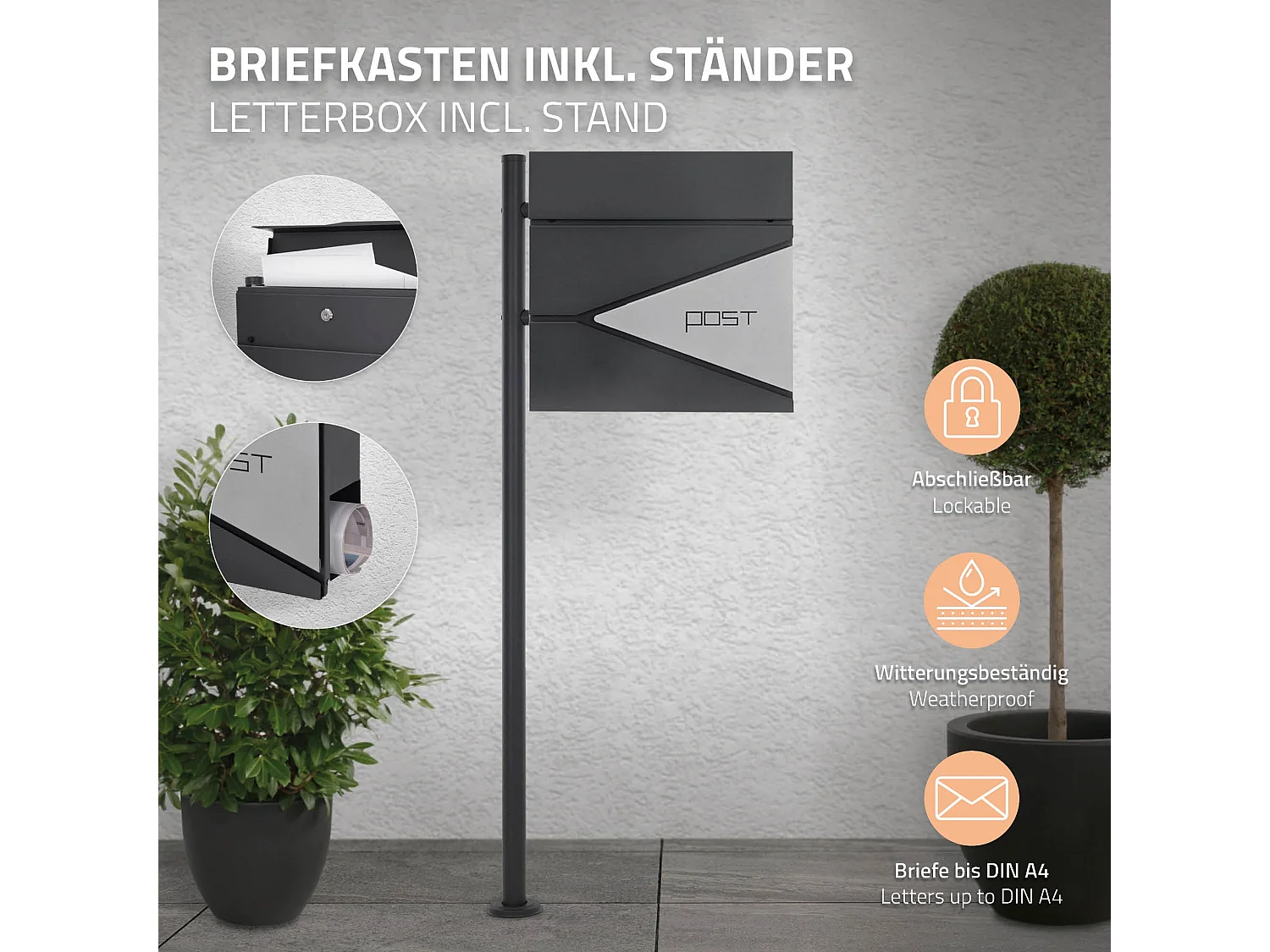 Boîte aux lettres sur une pied boîte postale en acier anthracite/argent  ML-Design