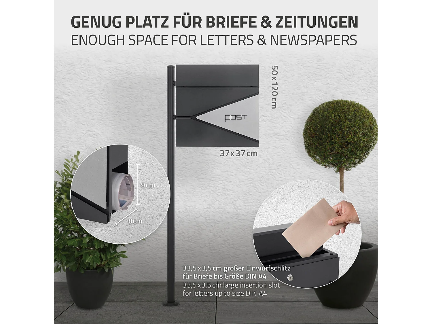 Boîte aux lettres sur une pied boîte postale en acier anthracite/argent  ML-Design