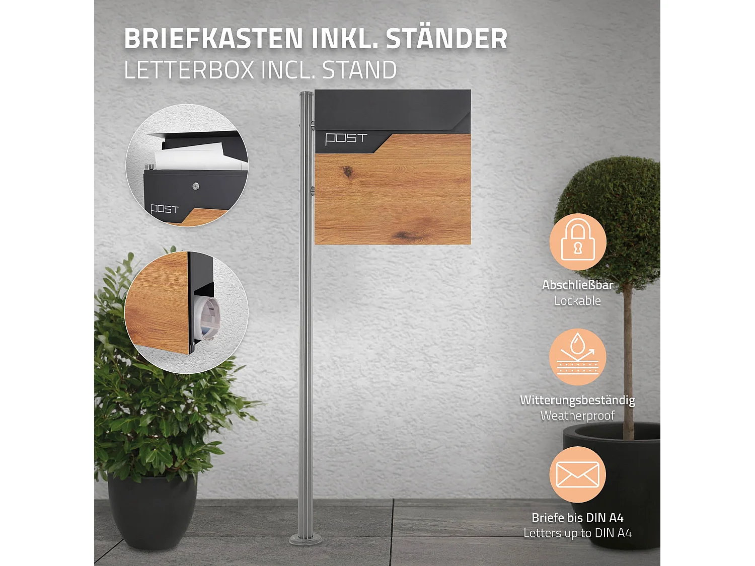 Boîte aux lettres sur pied piedestal boîte postale anthracite/aspect bois  ML-Design