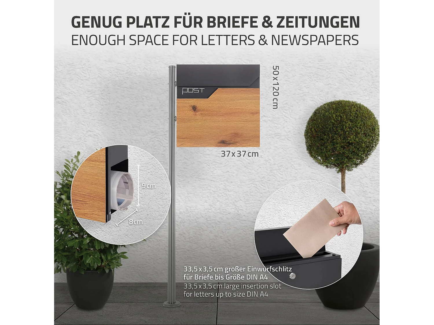 Boîte aux lettres sur pied piedestal boîte postale anthracite/aspect bois  ML-Design