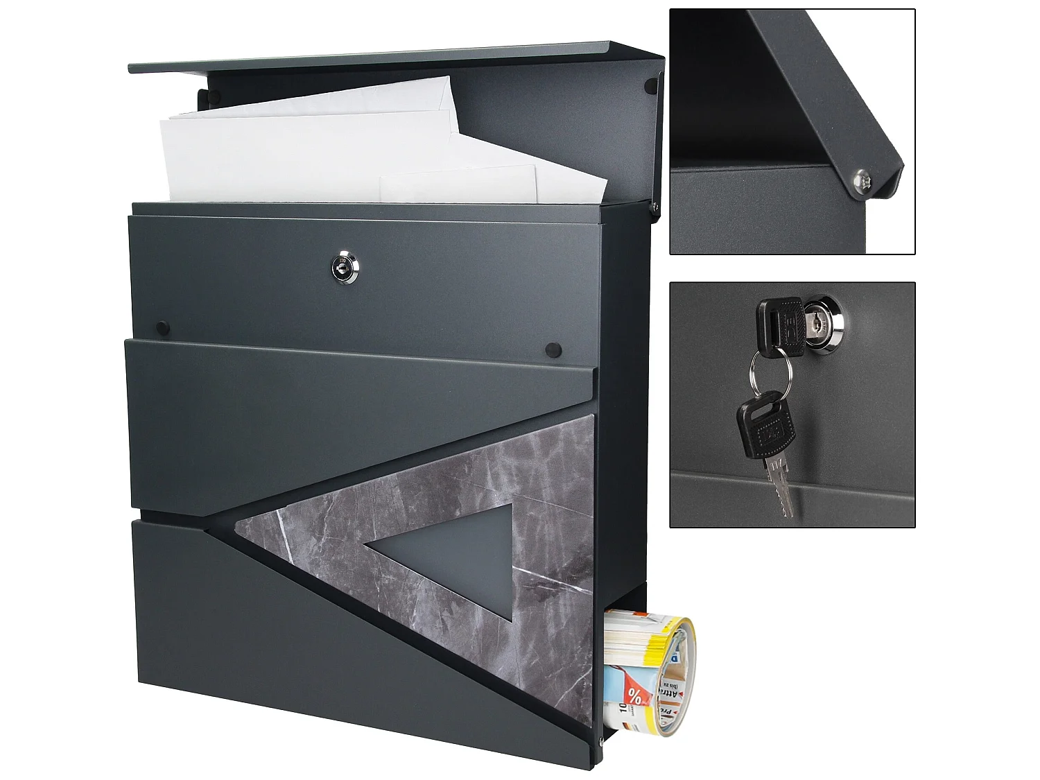 Boîte aux lettres anthracite / triangle noir aspect marbre avec support ML-Design