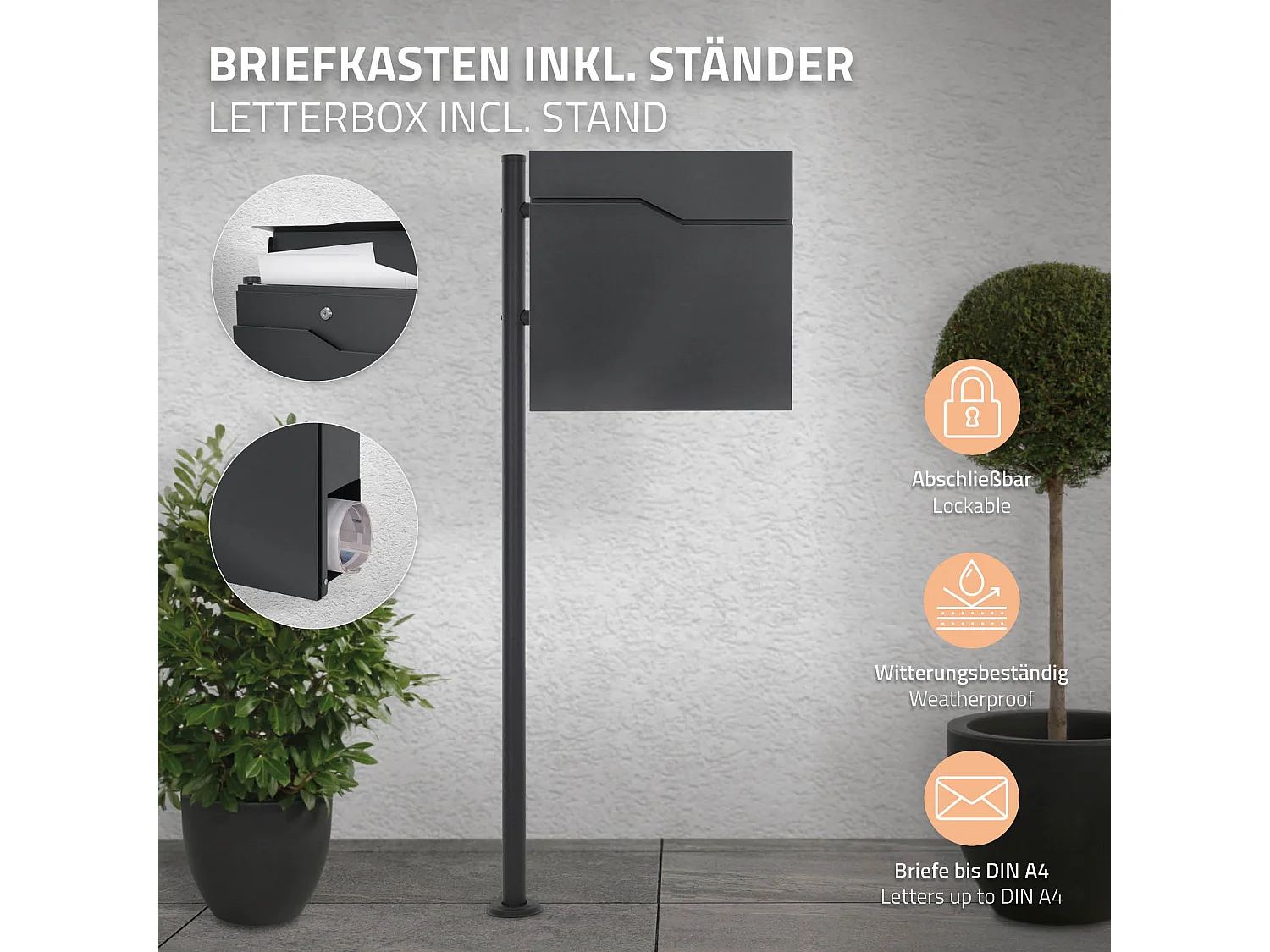 Boîte aux lettres sur une pied anthracite boîte postale en acier  ML-Design