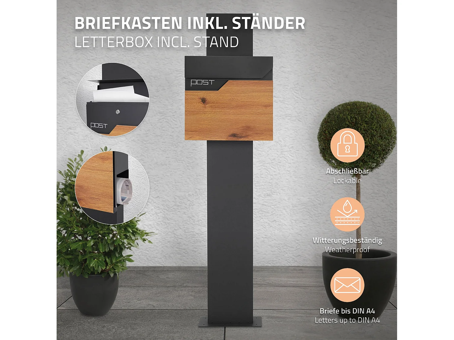 Boîte aux lettres sur pied boîte postale anthracite/aspect bois  ML-Design