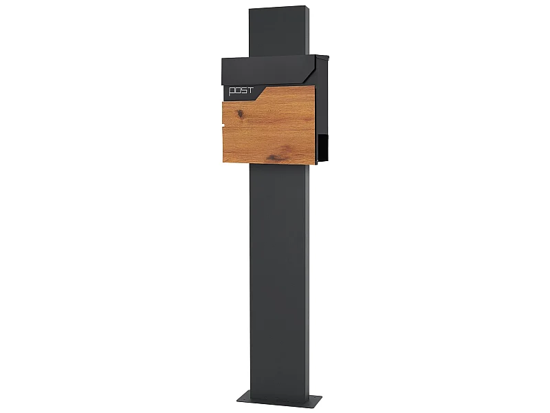 Buzón para cartas y periódico 37x37 cm acero antacita y madera + soporte 170 cm