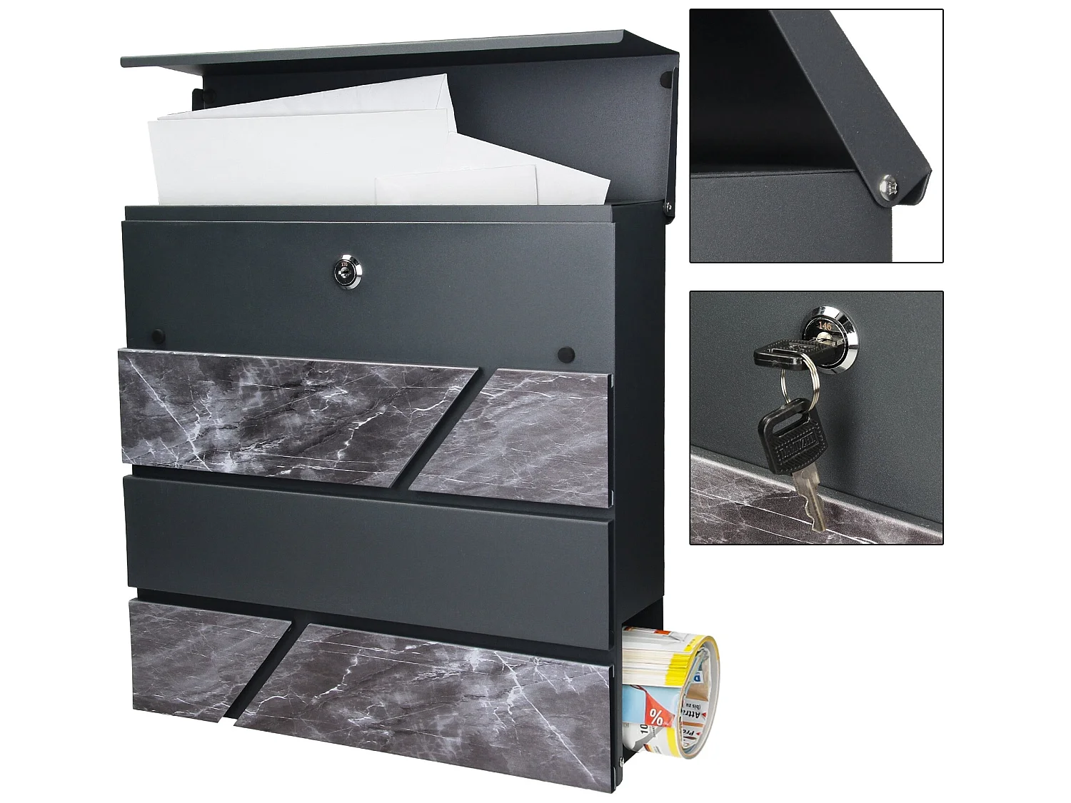 Boîte aux lettres sur pied moderne anthracite/marbre noir avec support ML-Design