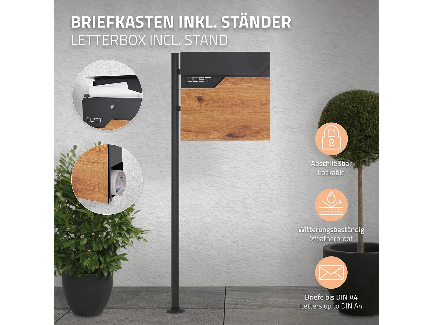 Buzón para cartas y periódico 37x37 cm acero antacita y madera + soporte lateral