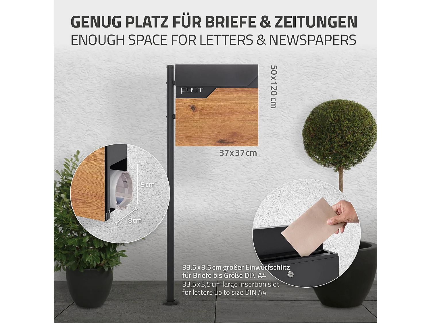 Buzón para cartas y periódico 37x37 cm acero antacita y madera + soporte lateral