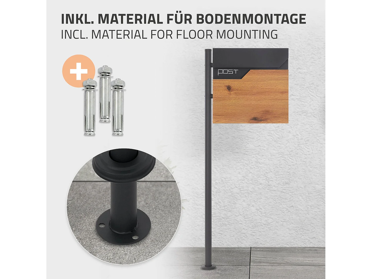 Buzón para cartas y periódico 37x37 cm acero antacita y madera + soporte lateral