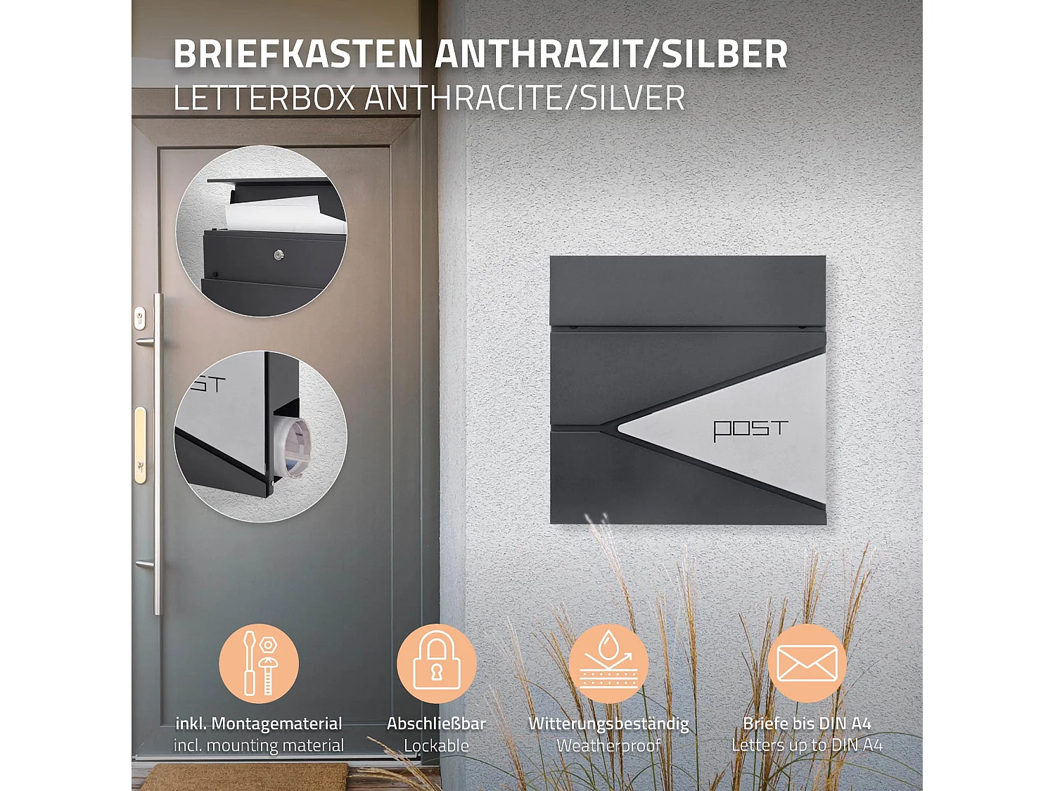 Cassetta postale acciaio inox antracite moderna posto per giornali 37x37x11 cm