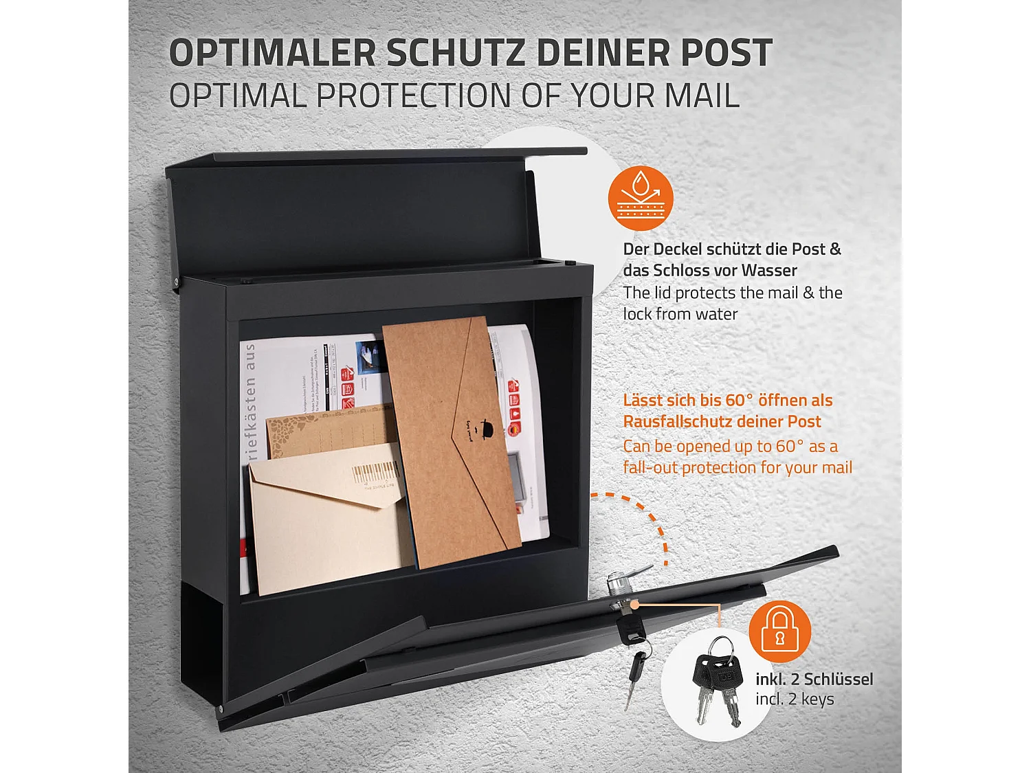 Cassetta postale acciaio inox antracite moderna posto per giornali 37x37x11 cm