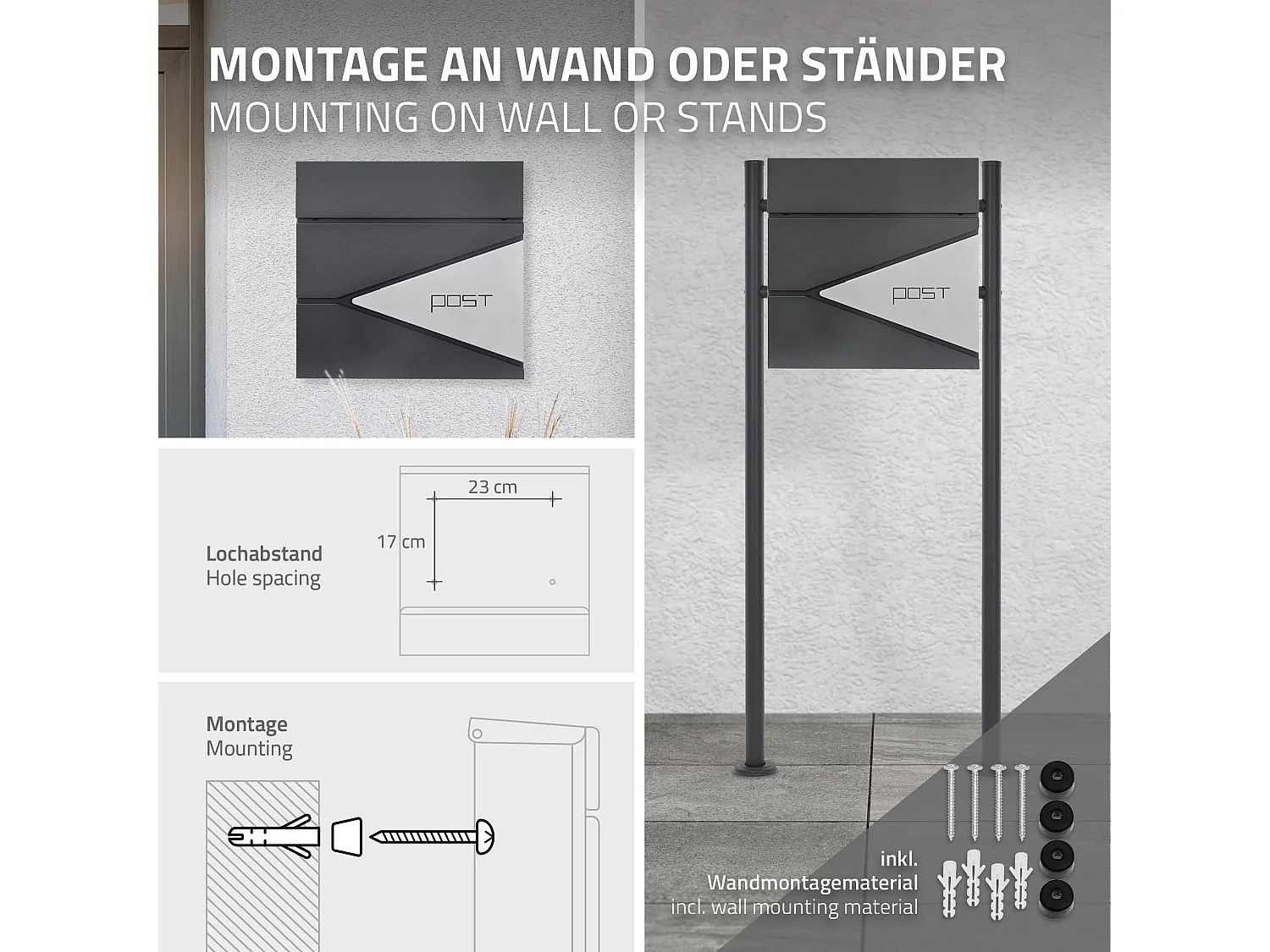 Cassetta postale acciaio inox antracite moderna posto per giornali 37x37x11 cm