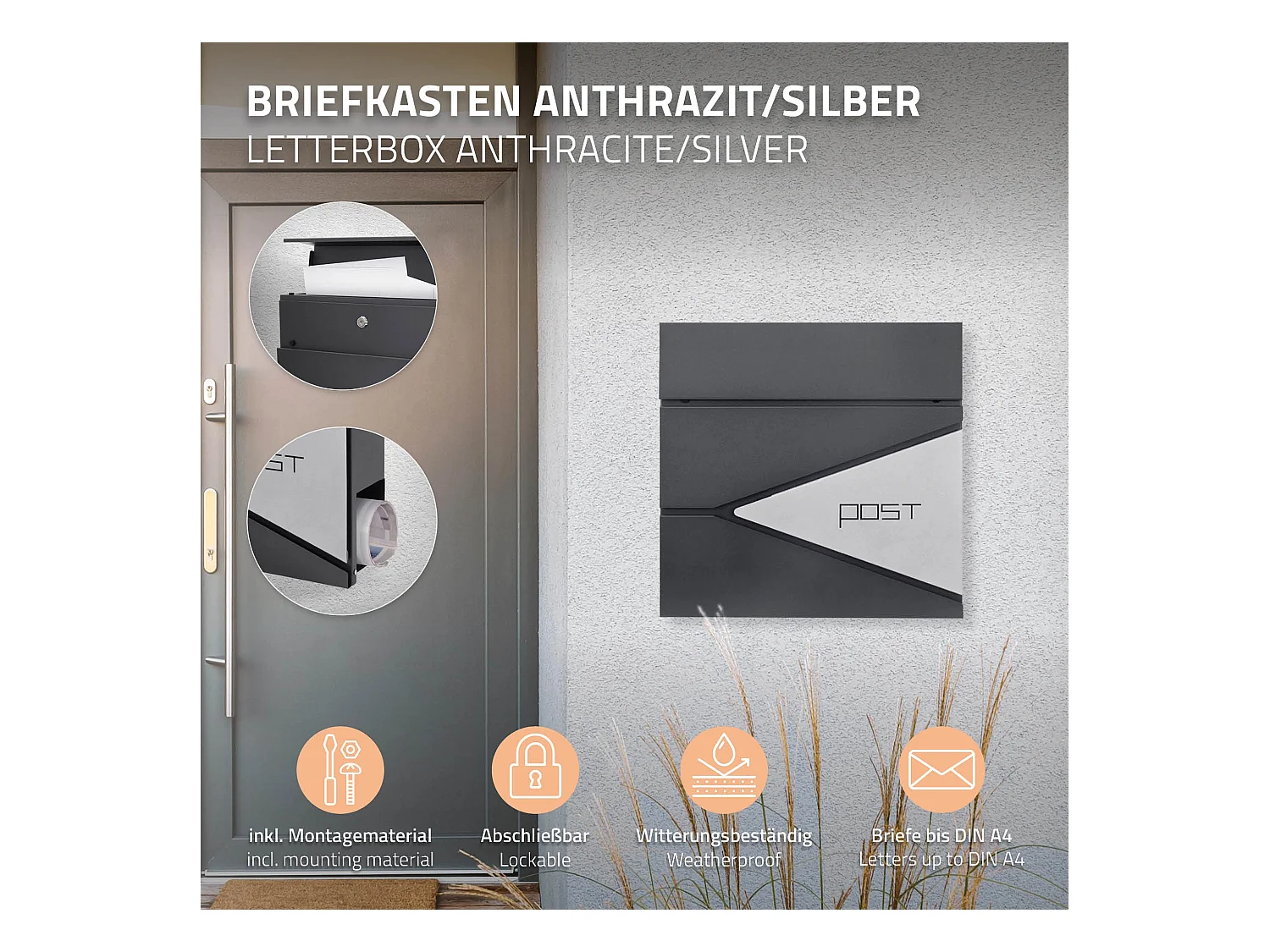 Boîte aux lettres murale anthracite/argenté avec rouleau à journaux ML-Design