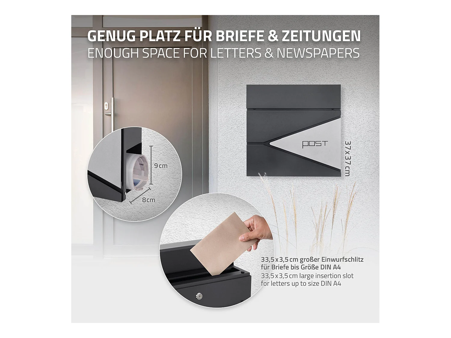 Boîte aux lettres murale anthracite/argenté avec rouleau à journaux ML-Design
