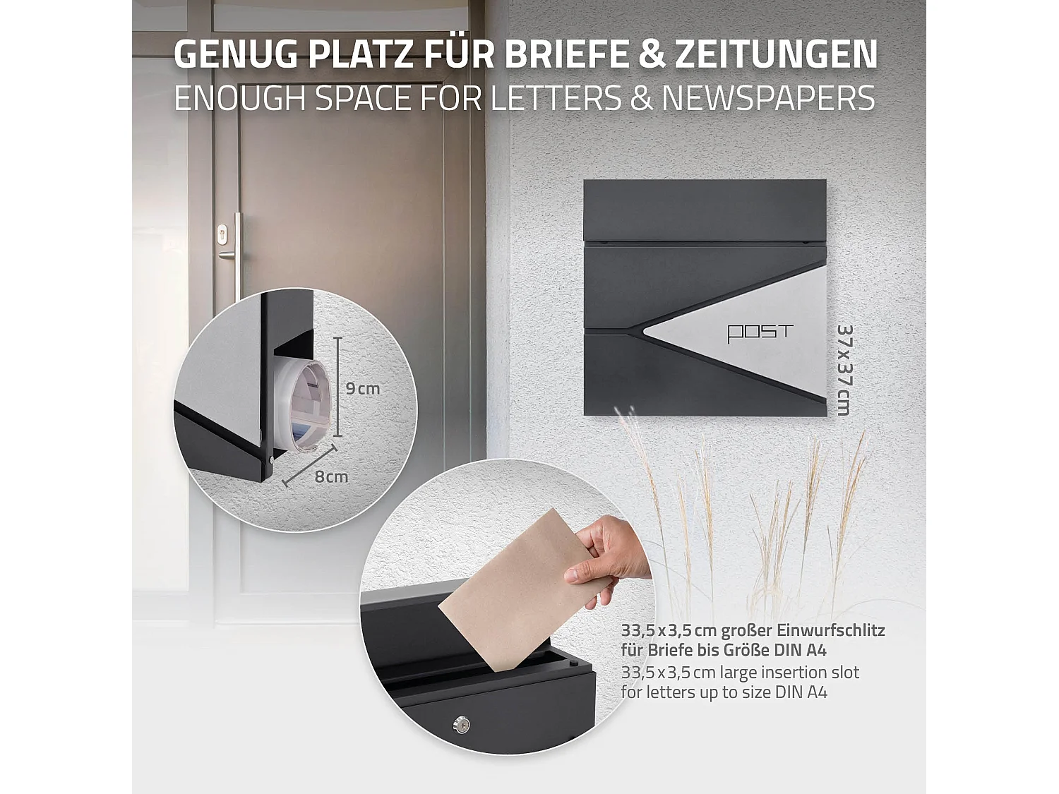 Boîte aux lettres murale anthracite/argenté avec rouleau à journaux ML-Design