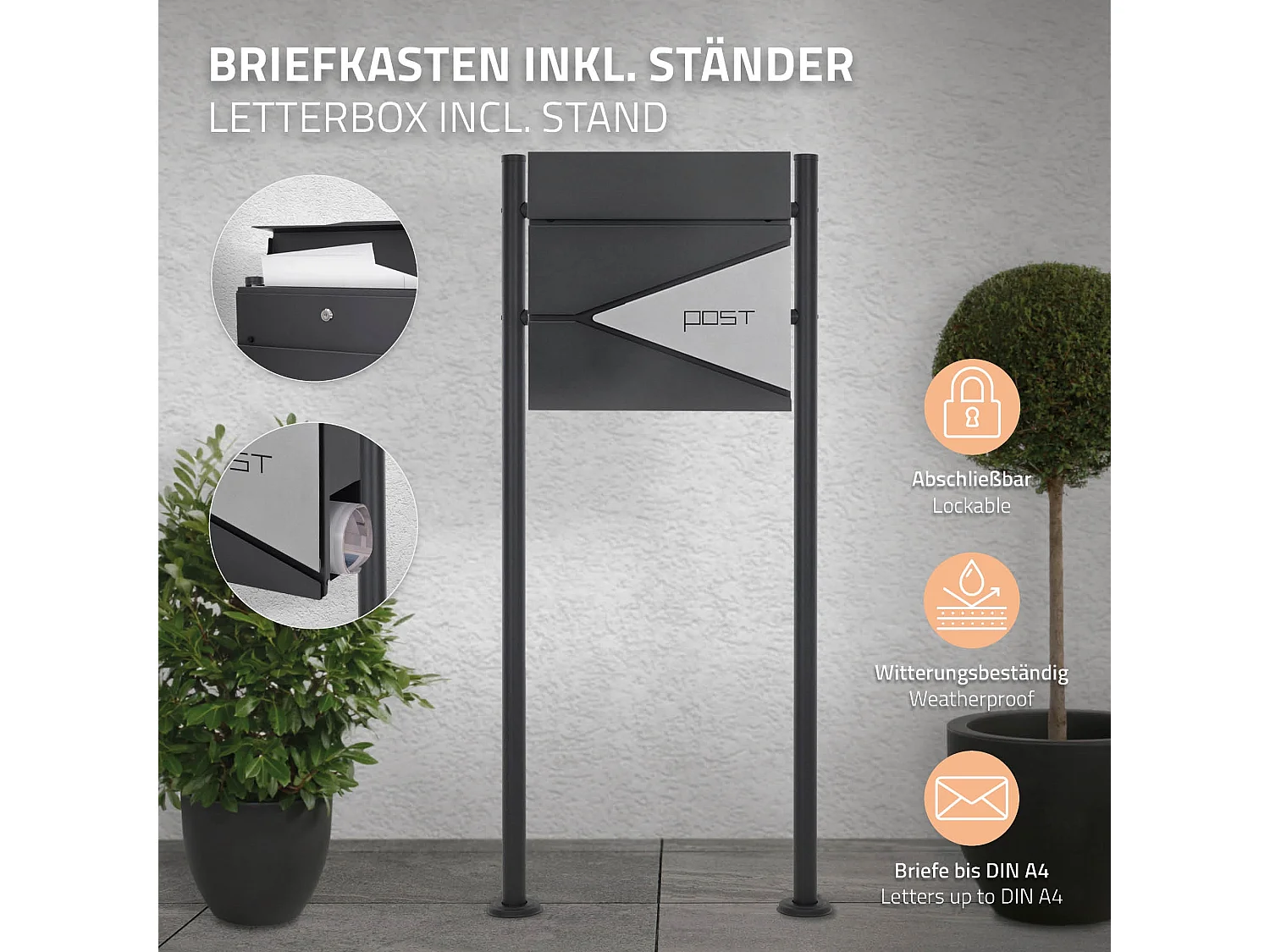 Boîte aux lettres sur pieds boîte postale anthracite/argent  ML-Design