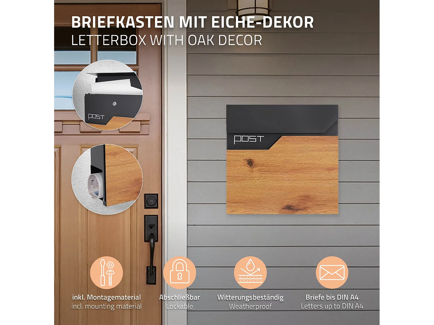 Boîte aux lettres murale anthracite aspect bois avec rouleau à journaux  ML-Design