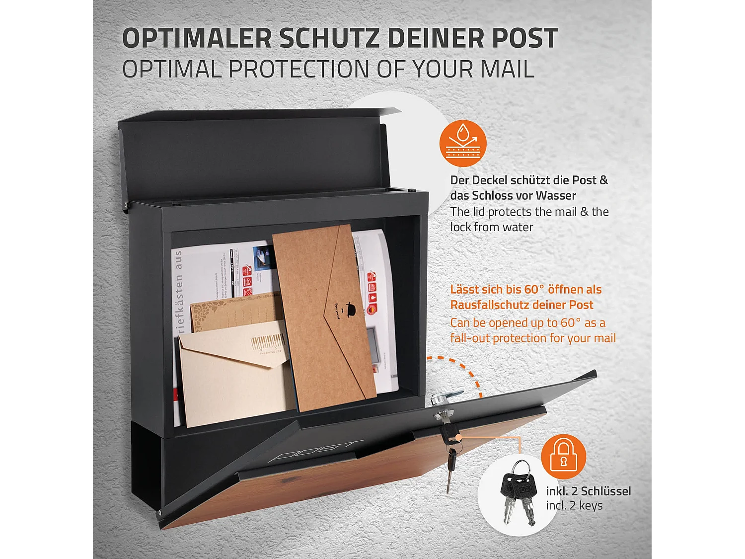 Boîte aux lettres murale anthracite aspect bois avec rouleau à journaux  ML-Design